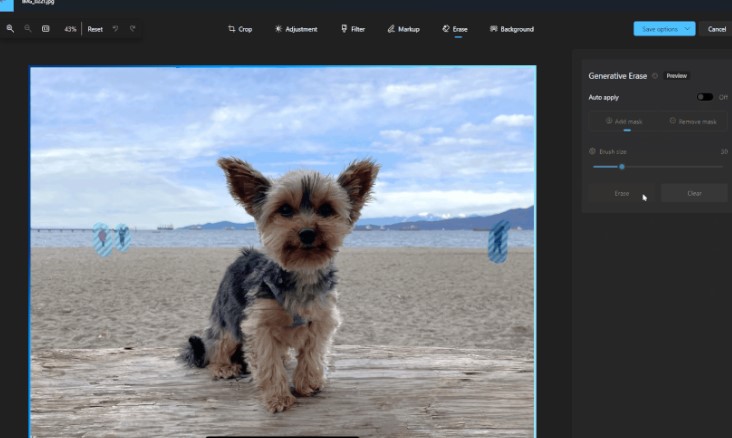 Seleccionar una correa de perro con una herramienta y borrarla mágicamente con esta buena perra está a punto de soltarse. Google y Samsung no son los únicos que están integrando borradores de fotos selectivos mágicos de IA en sus dispositivos; pronto serán básicos para las PC con Windows también. Microsoft acaba de anunciar Generative Erase, una función que te permite hacer cosas similares en la aplicación Fotos que viene incluida en Windows.