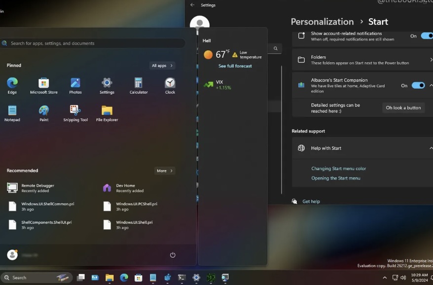 Microsoft está llevando a cabo pruebas discretas de una innovadora modificación en el menú de inicio de Windows 11 que podría incluir un panel flotante con "widgets" complementarios. Albacore, un observador de Windows, ha descubierto esta nueva característica en las últimas versiones de prueba de Windows 11 que Microsoft ha lanzado al público.